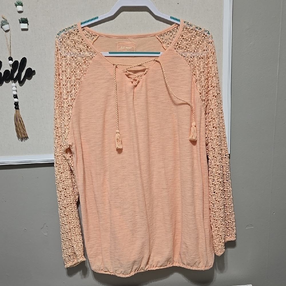 Ruff Hewn Orange Peach Lace Sleeve Women's Top XL